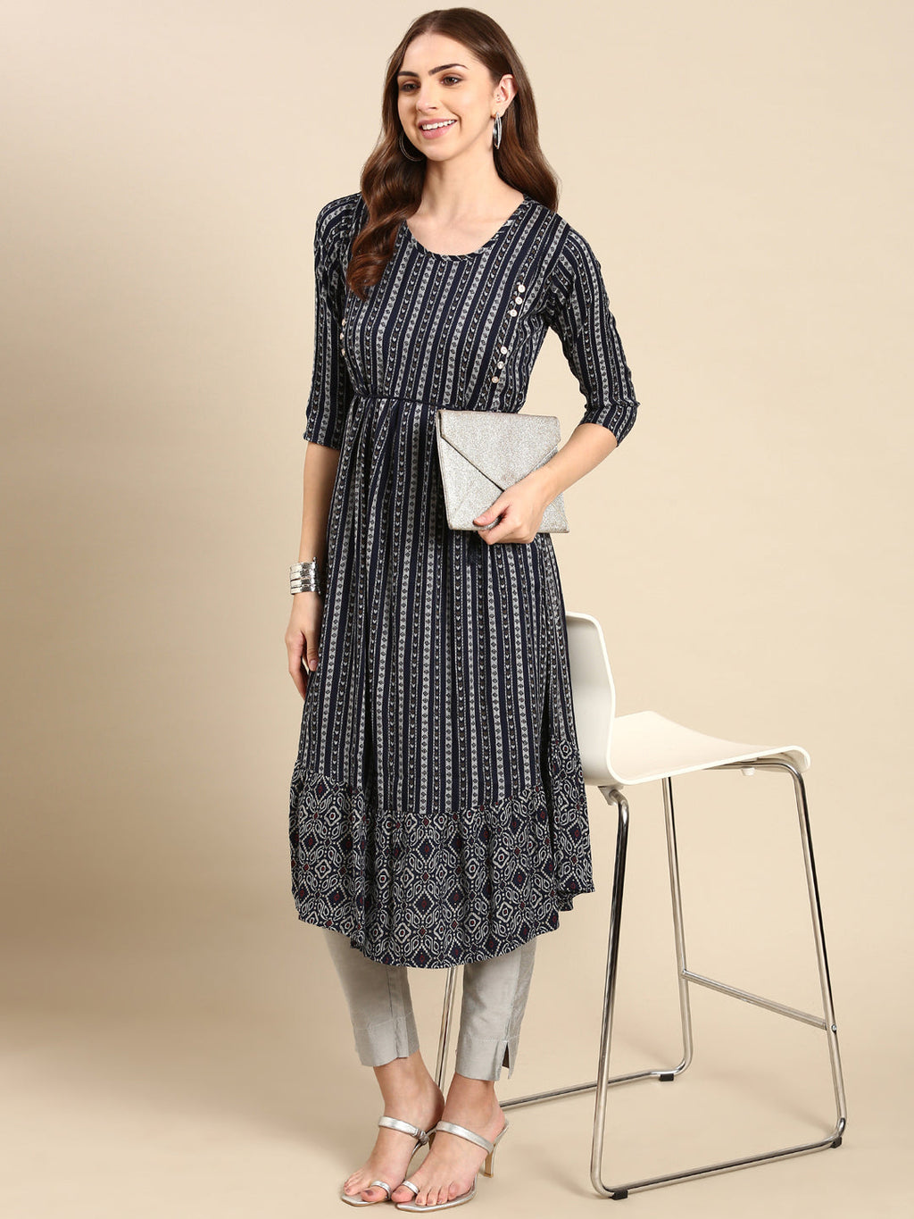 Women's Navy Blue Pleated Geometric Printed Anarkali Kurta