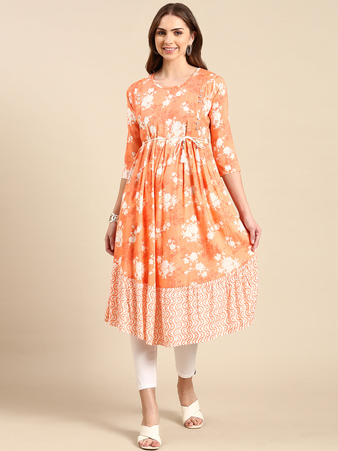 Women's Orange Floral Printed Anarkali Kurta