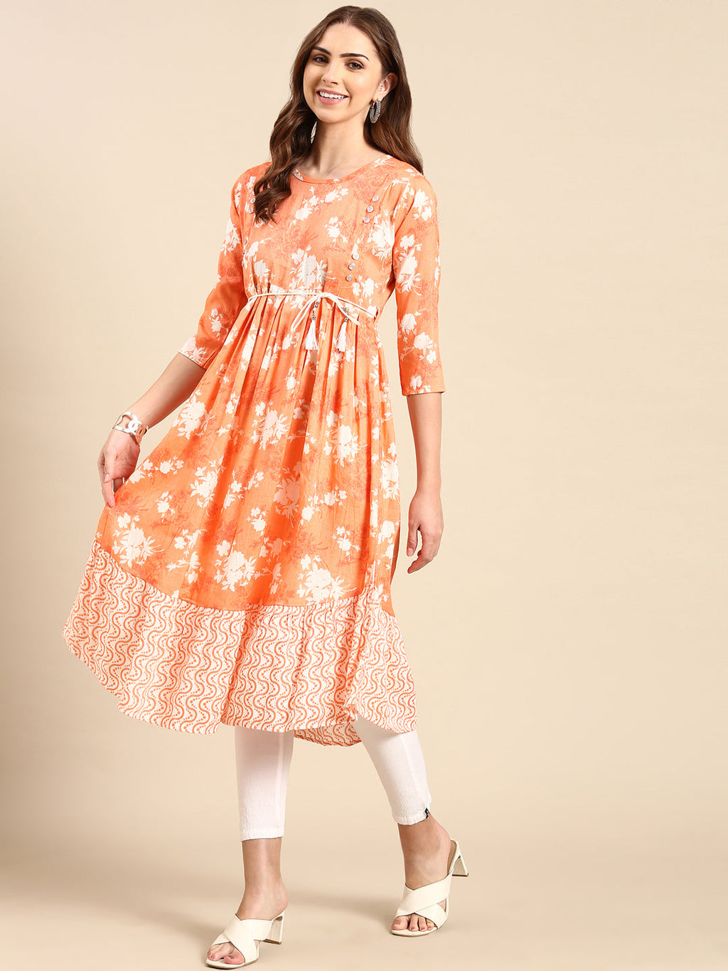 Women's Orange Floral Printed Anarkali Kurta