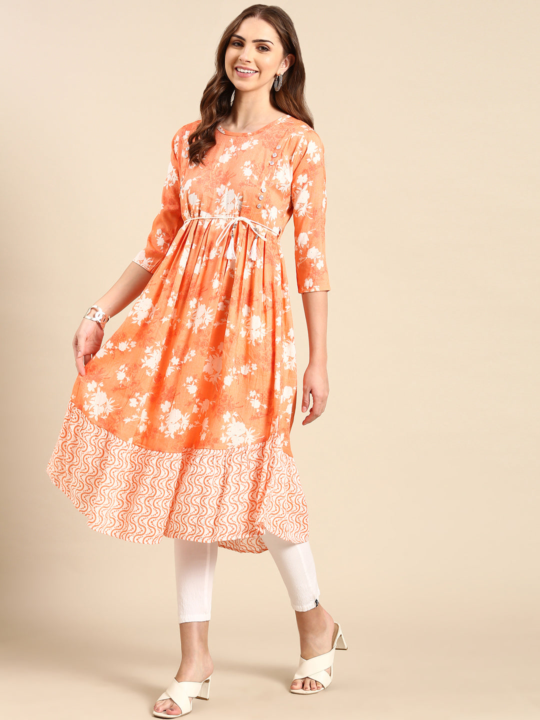 Women's Orange Floral Printed Anarkali Kurta