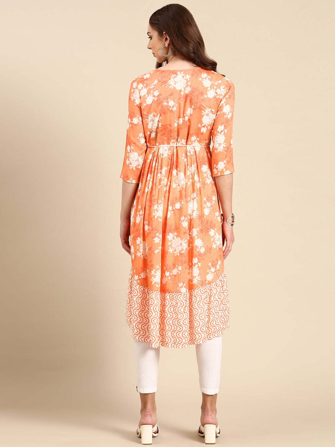 Women's Orange Floral Printed Anarkali Kurta