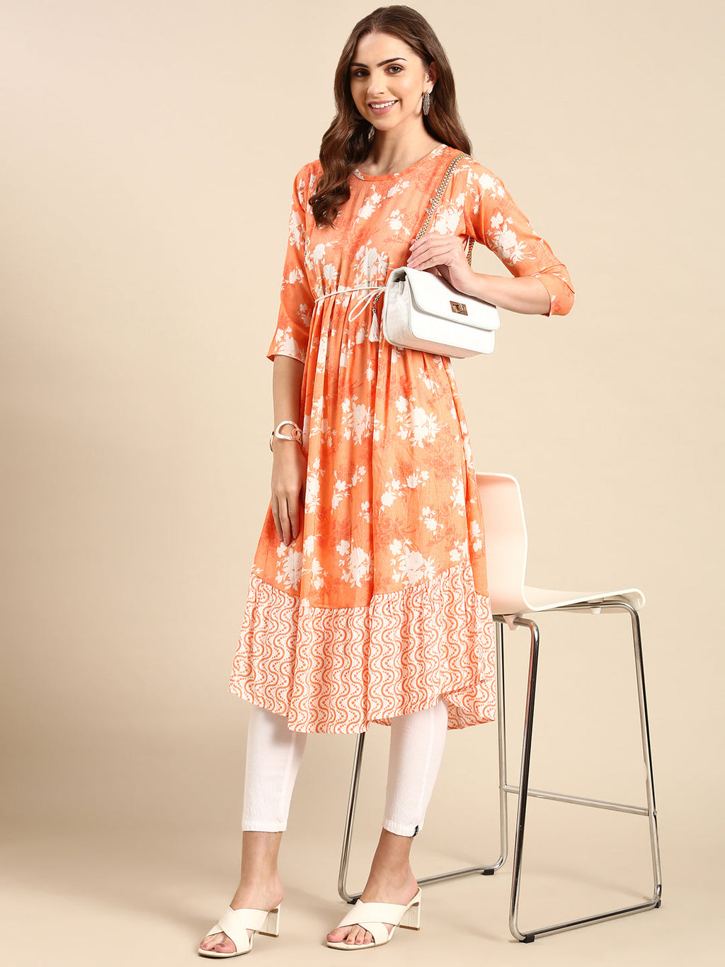 Women's Orange Floral Printed Anarkali Kurta