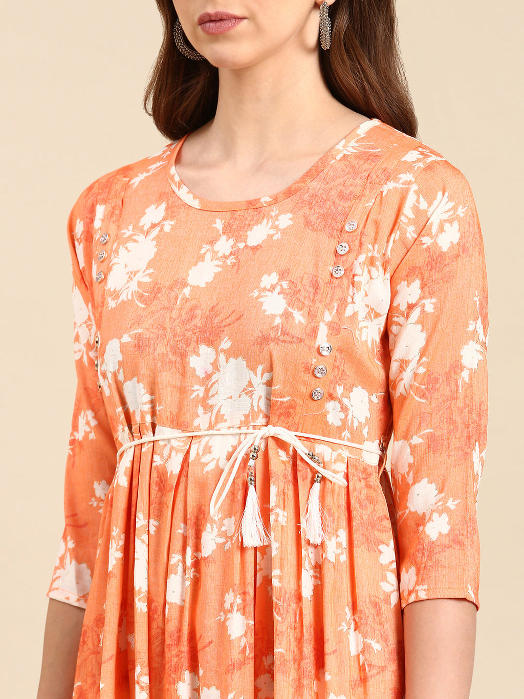 Women's Orange Floral Printed Anarkali Kurta