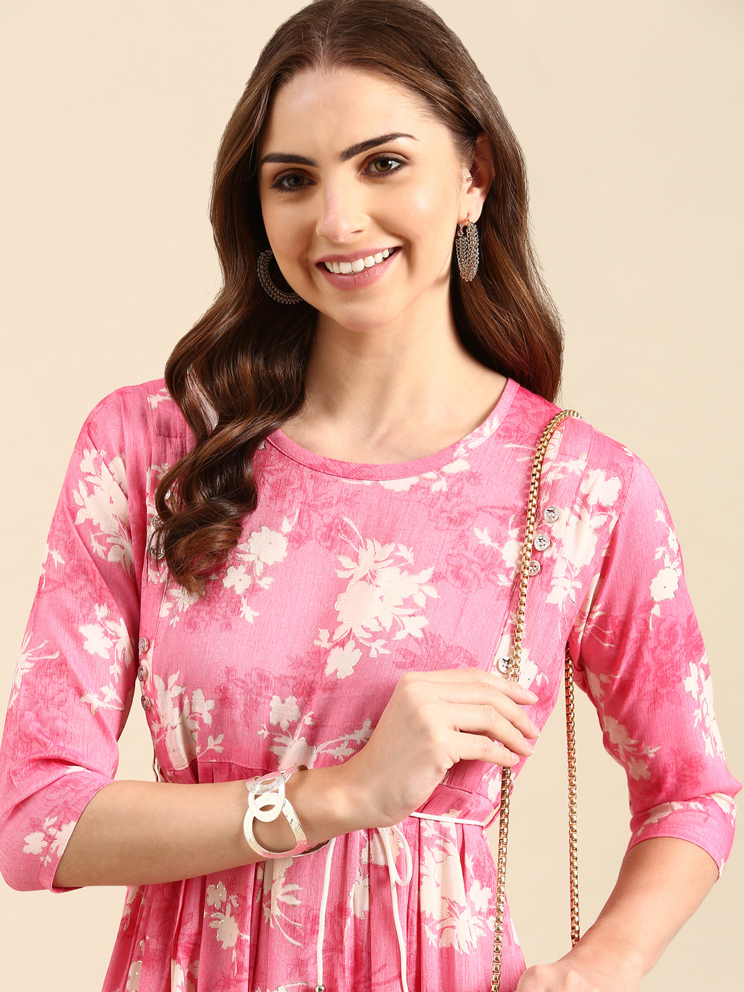 Women's Pink Floral Printed Anarkali Kurta
