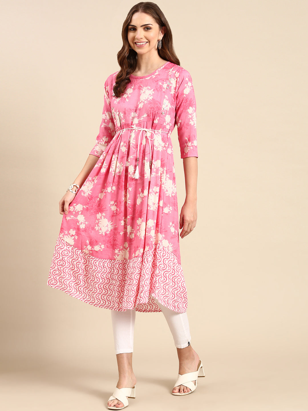 Women's Pink Floral Printed Anarkali Kurta