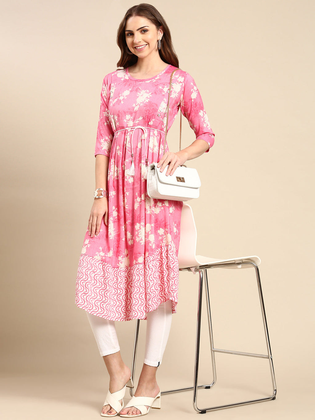 Women's Pink Floral Printed Anarkali Kurta