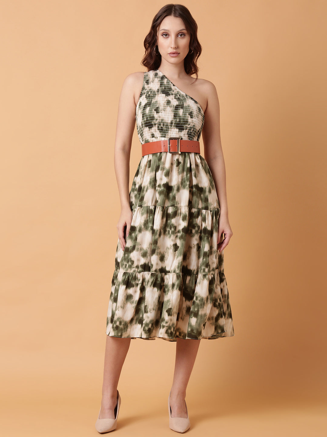 Women's Green Dyed Fit and Flare Dress With Belt