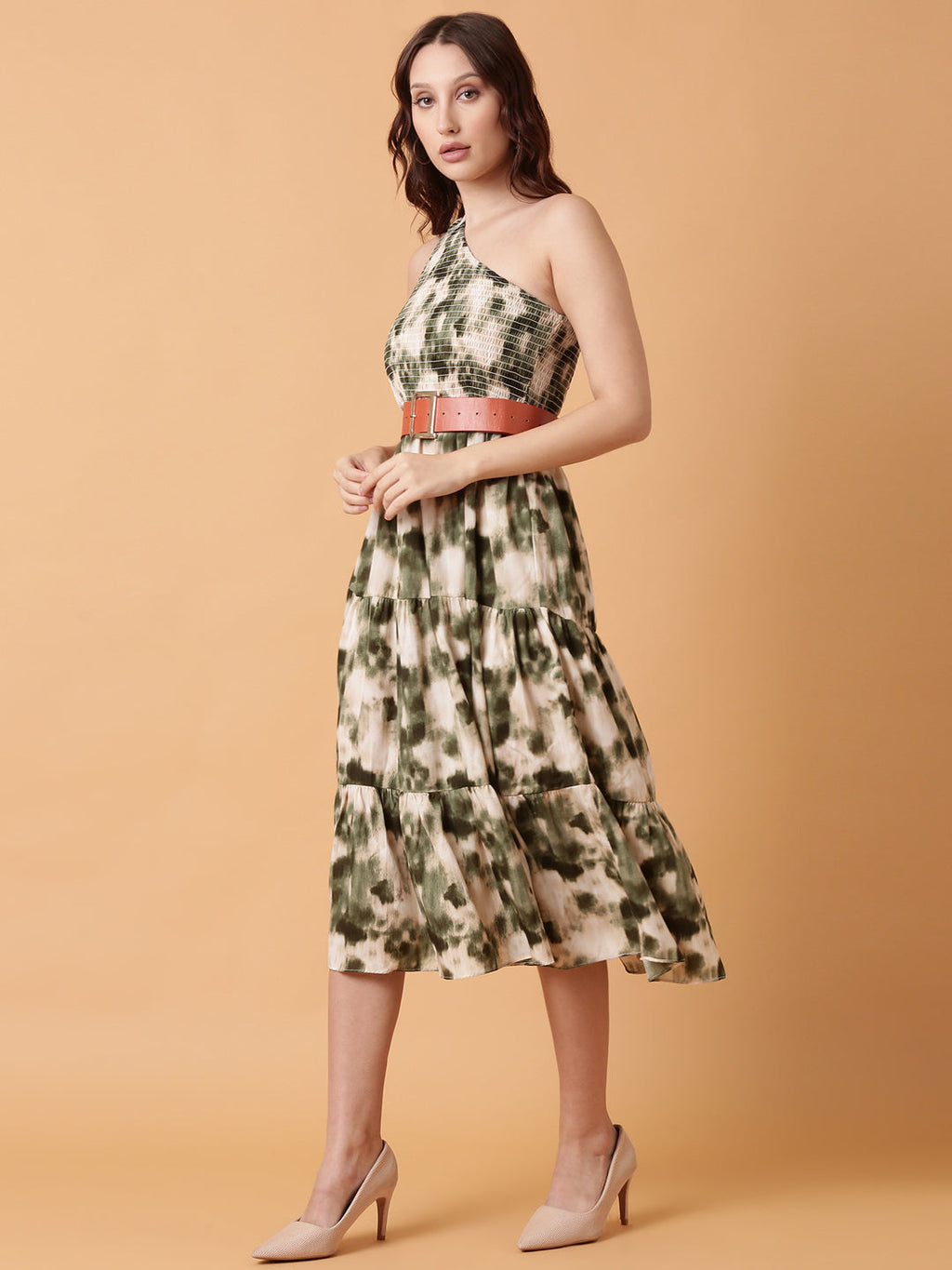 Women's Green Dyed Fit and Flare Dress With Belt