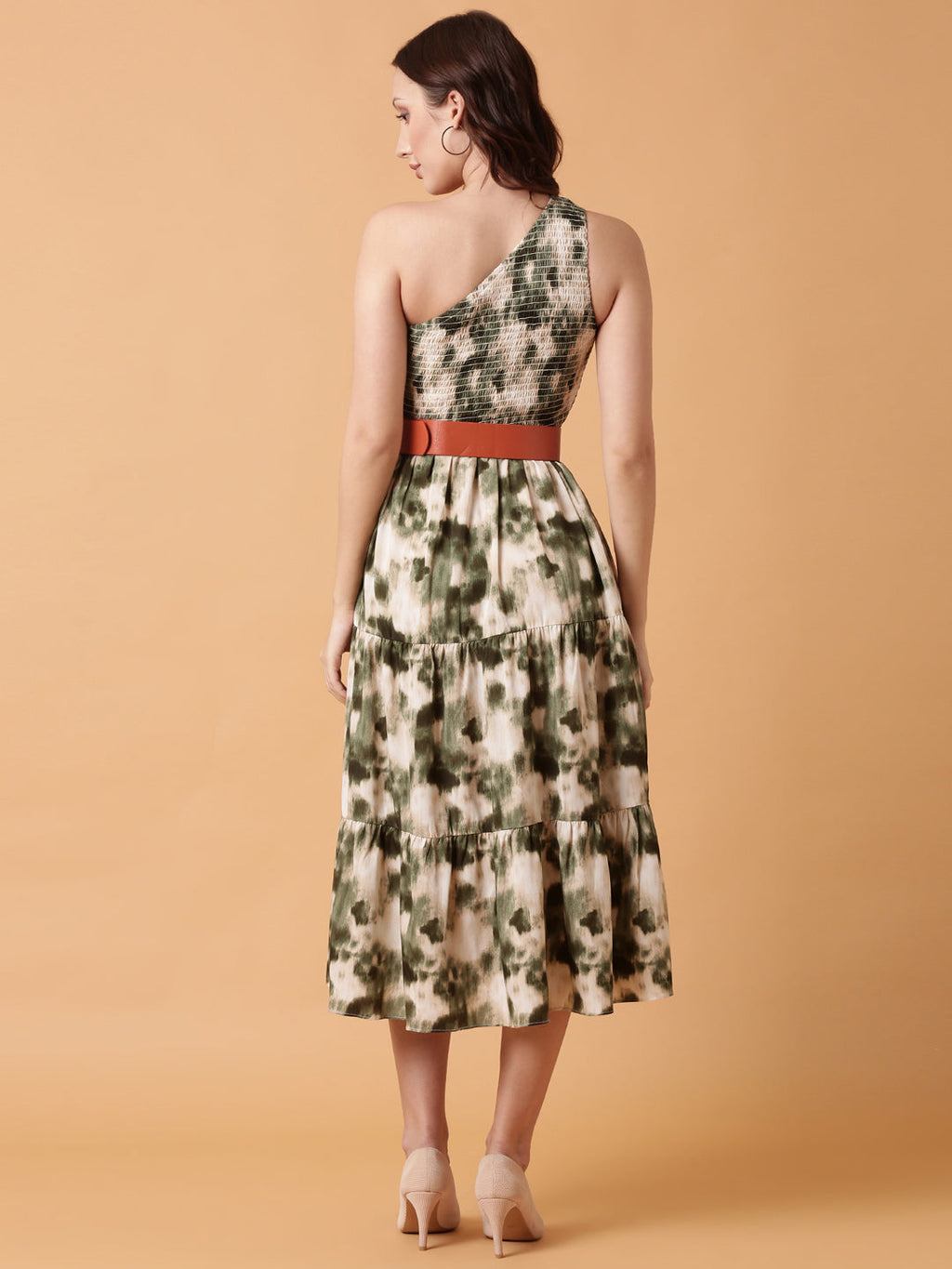 Women's Green Dyed Fit and Flare Dress With Belt
