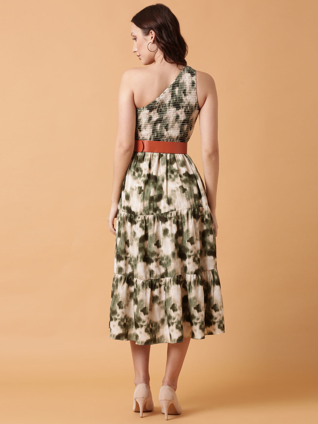 Women's Green Dyed Fit and Flare Dress With Belt
