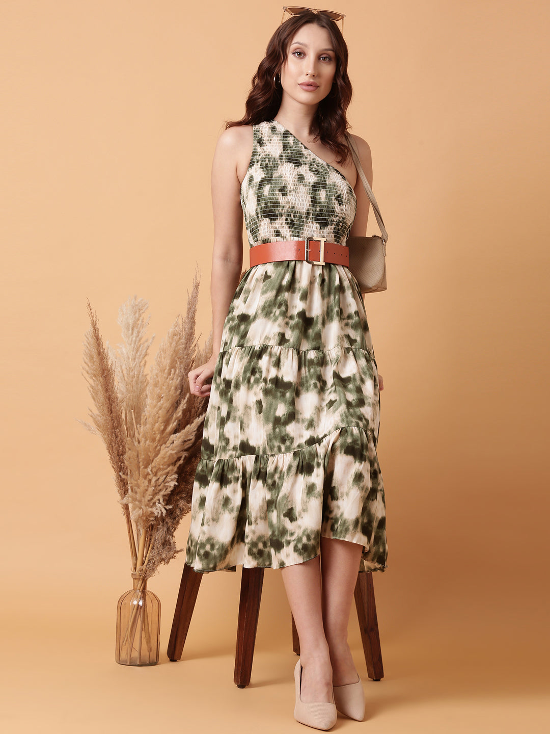 Women's Green Dyed Fit and Flare Dress With Belt