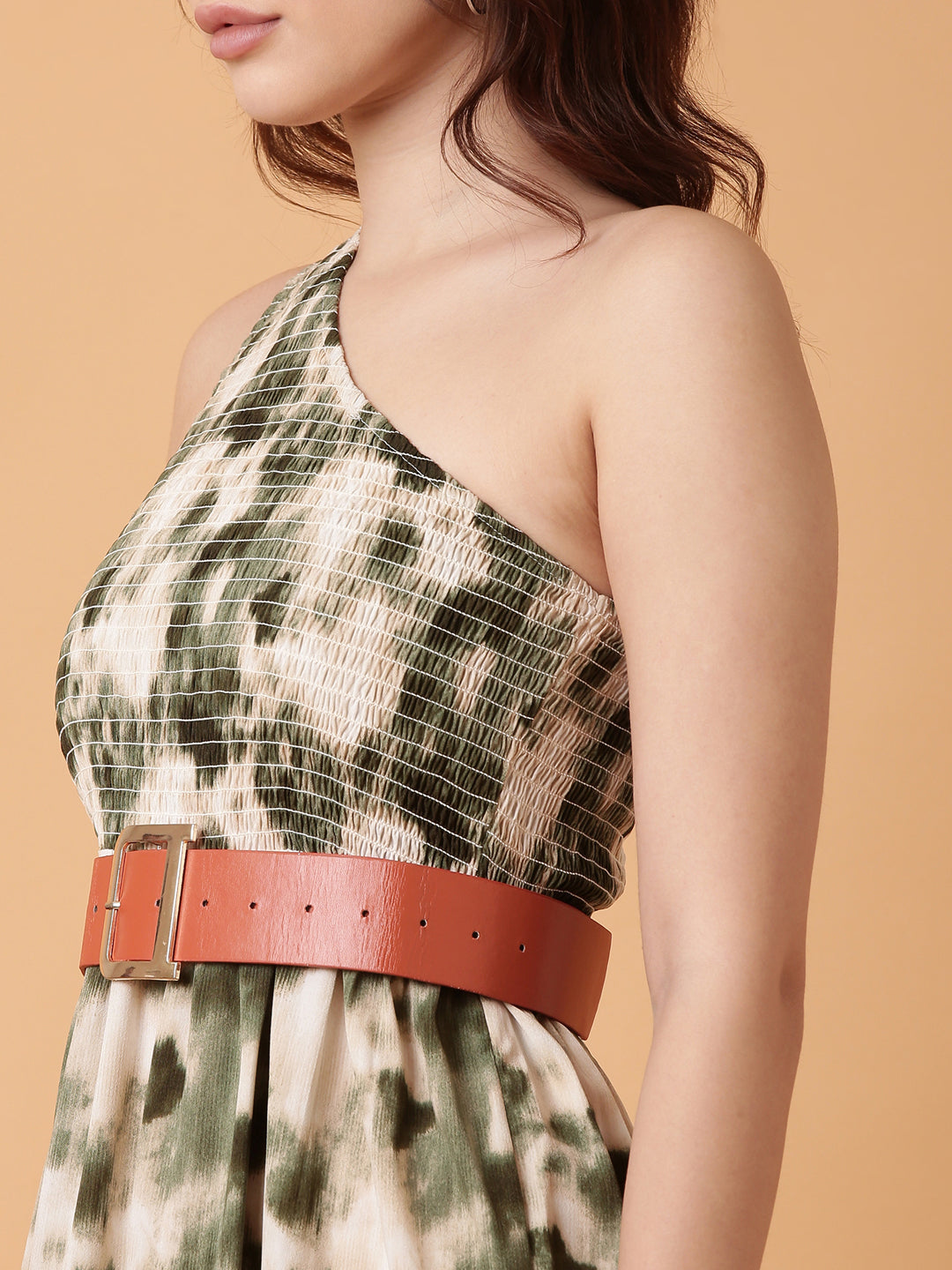 Women's Green Dyed Fit and Flare Dress With Belt