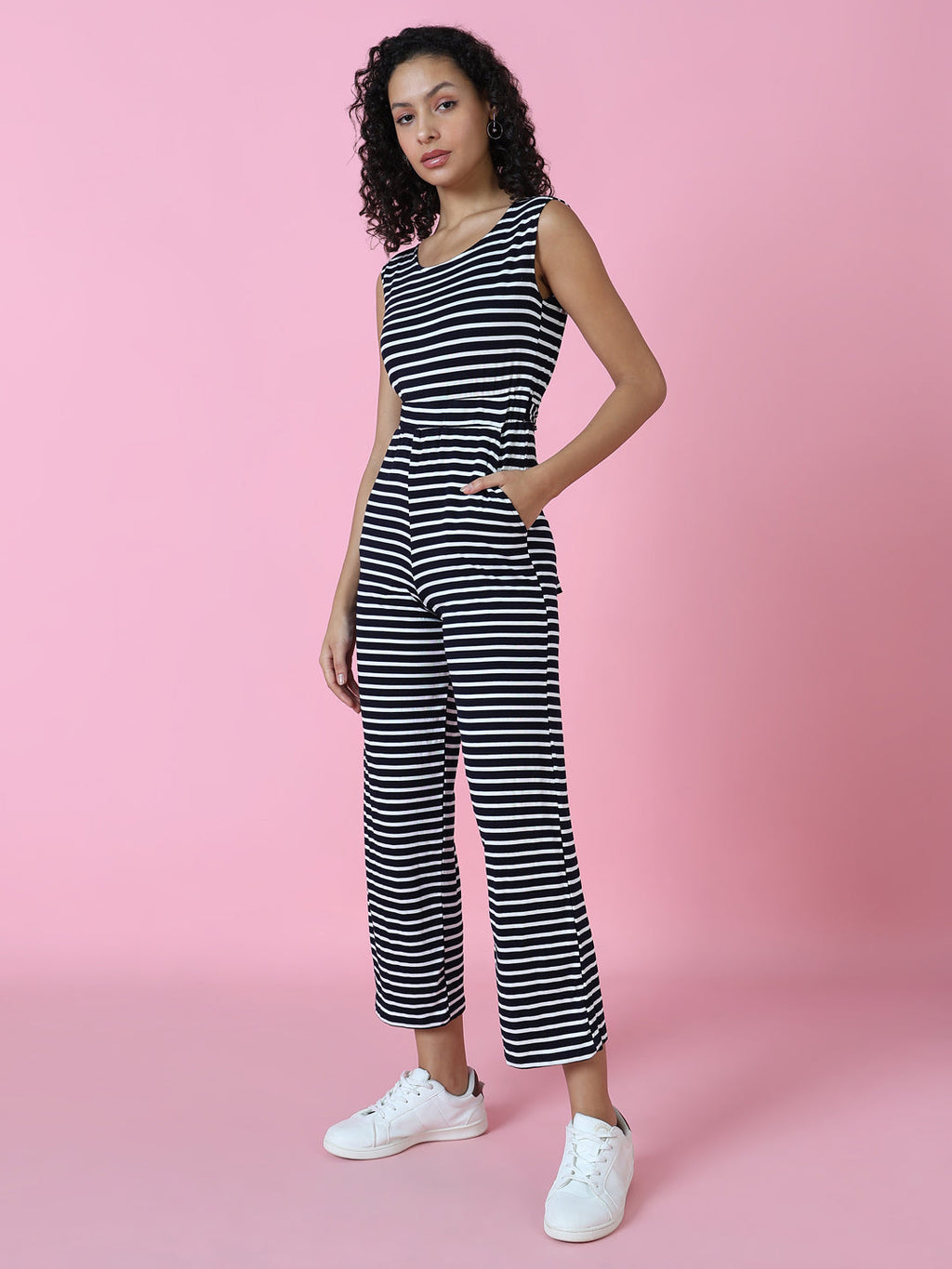 Women's Navy Blue Striped Round Neck Jumpsuit
