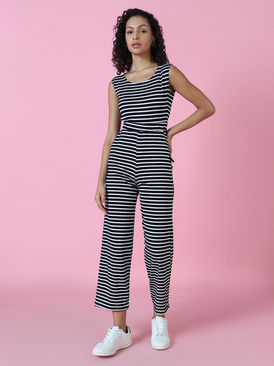 Women's Navy Blue Striped Round Neck Jumpsuit