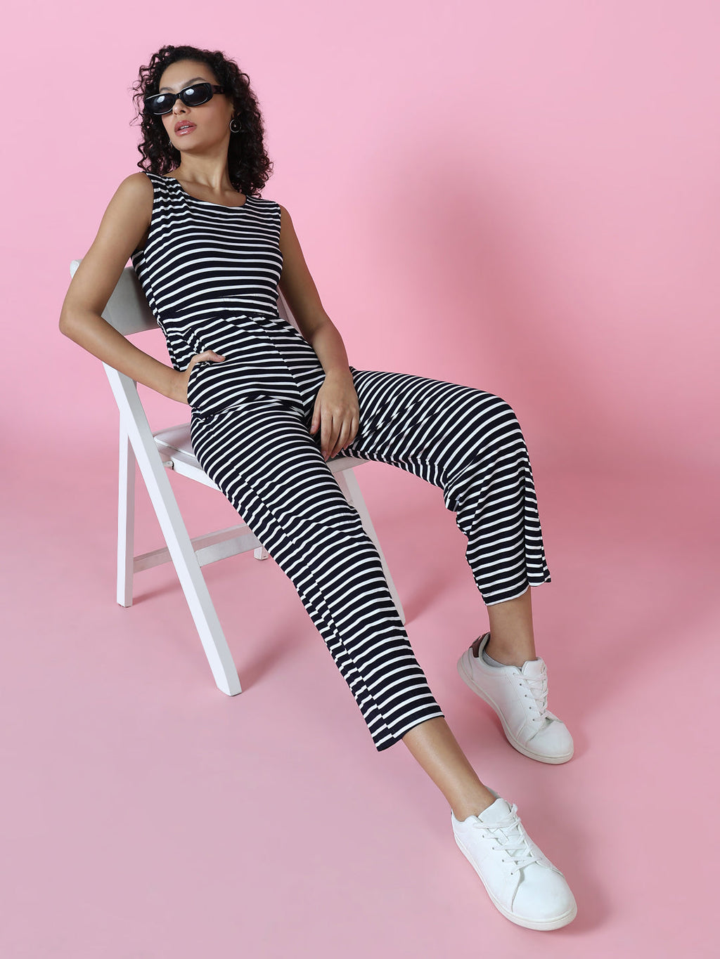 Women's Navy Blue Striped Round Neck Jumpsuit