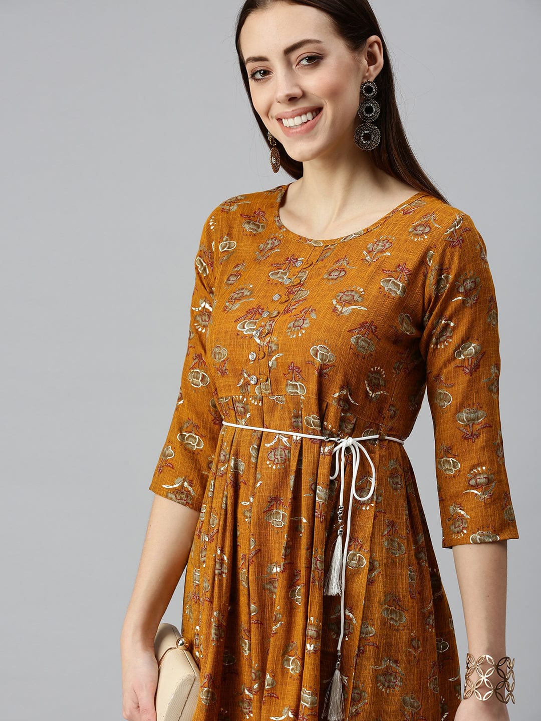 Women's Printed Mustard A-Line Kurta