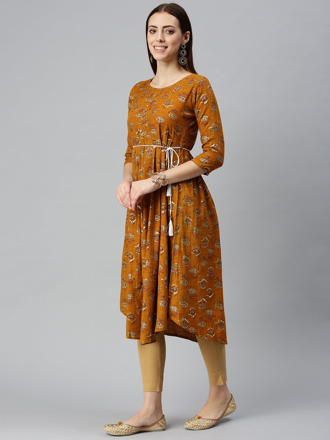 Women's Printed Mustard A-Line Kurta