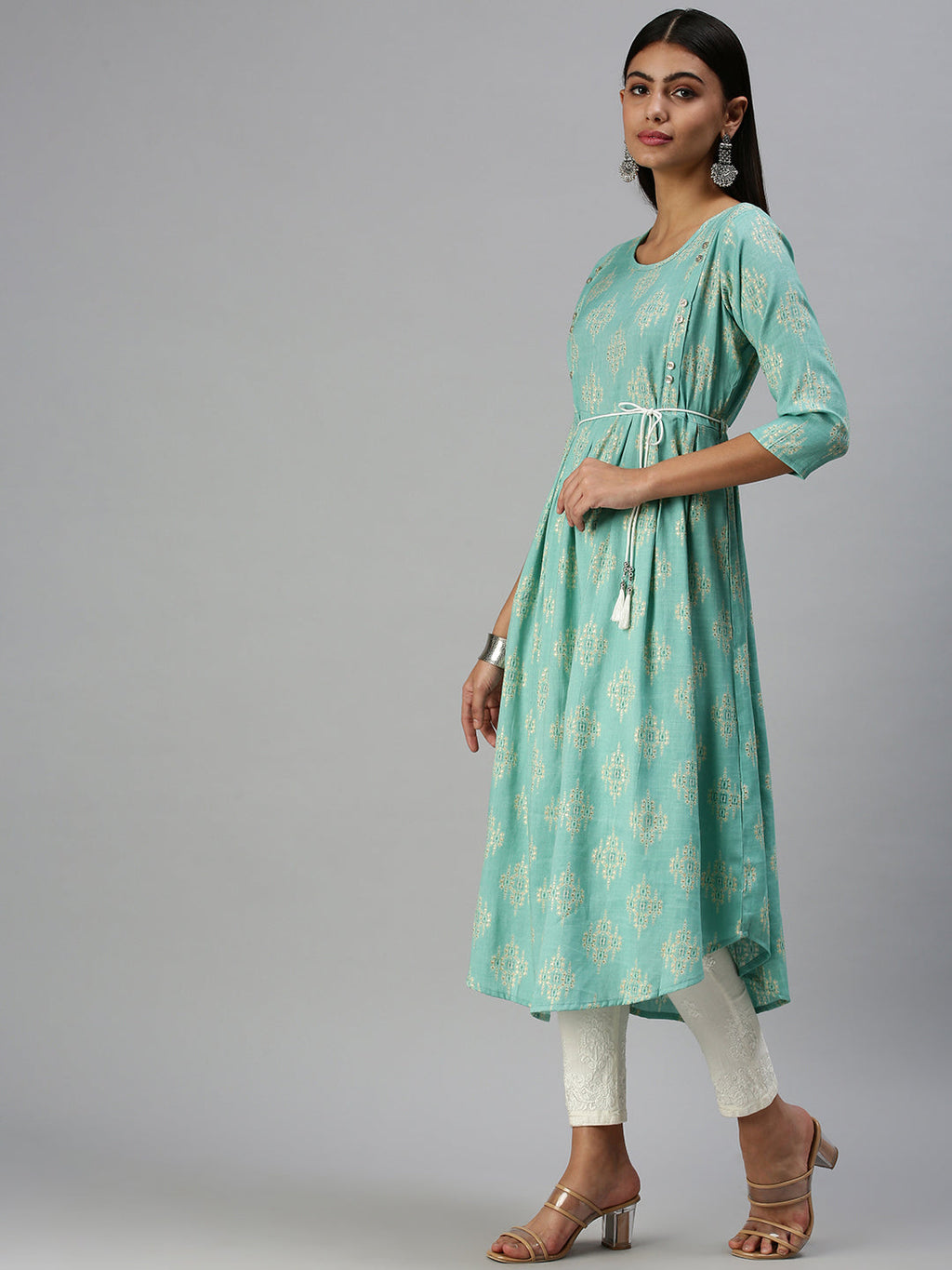 Women's Turquoise Blue Printed A-Line Kurta