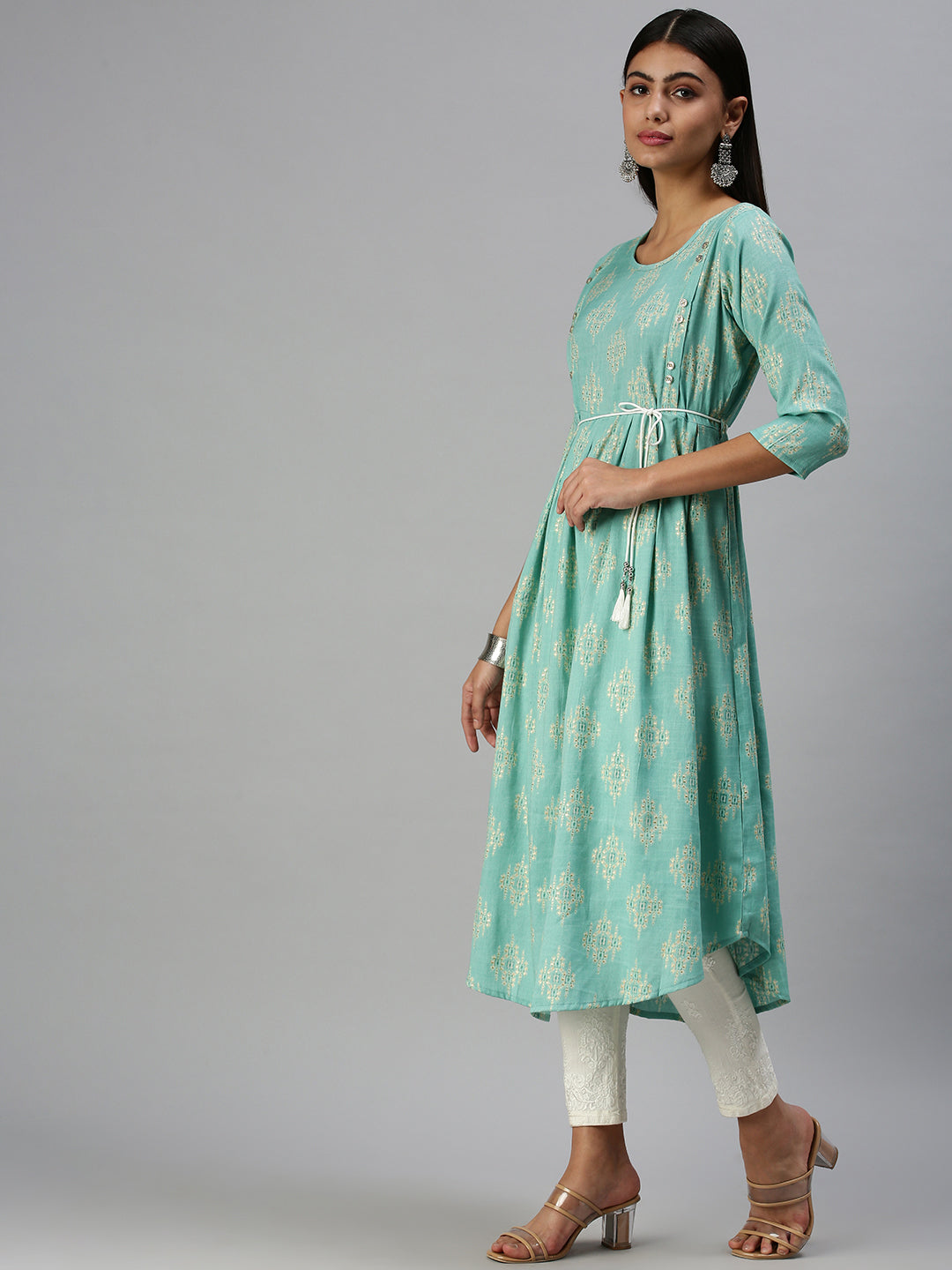 Women's Turquoise Blue Printed A-Line Kurta
