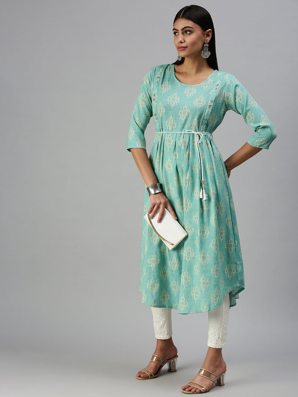 Women's Turquoise Blue Printed A-Line Kurta