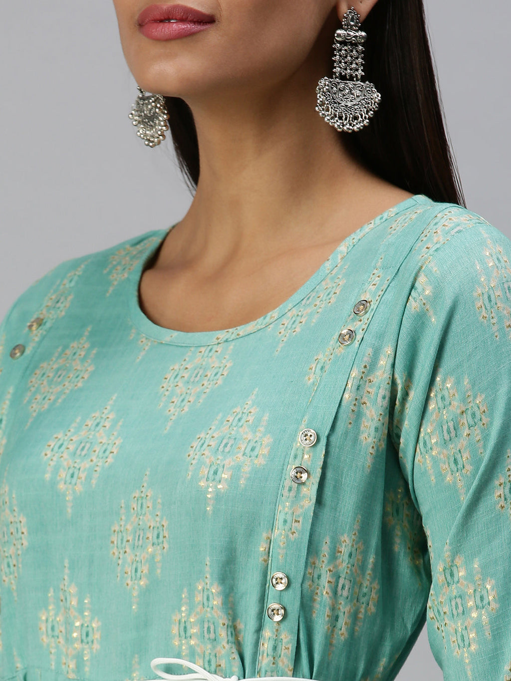 Women's Turquoise Blue Printed A-Line Kurta