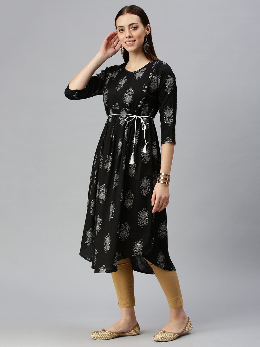 Women's Printed Black A-Line Kurta