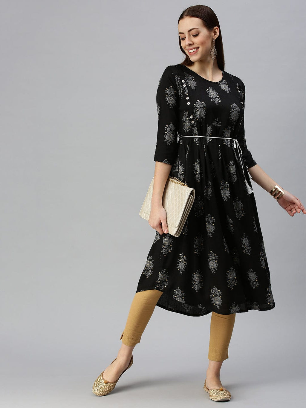 Women's Printed Black A-Line Kurta