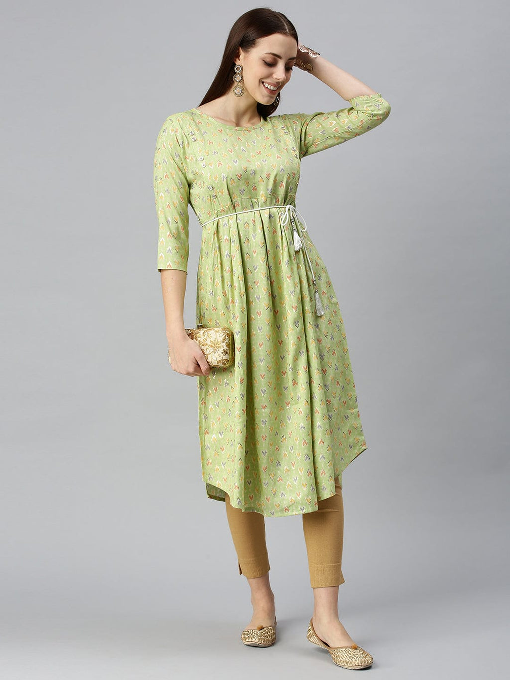 Women's Printed Lime Green A-Line Kurta