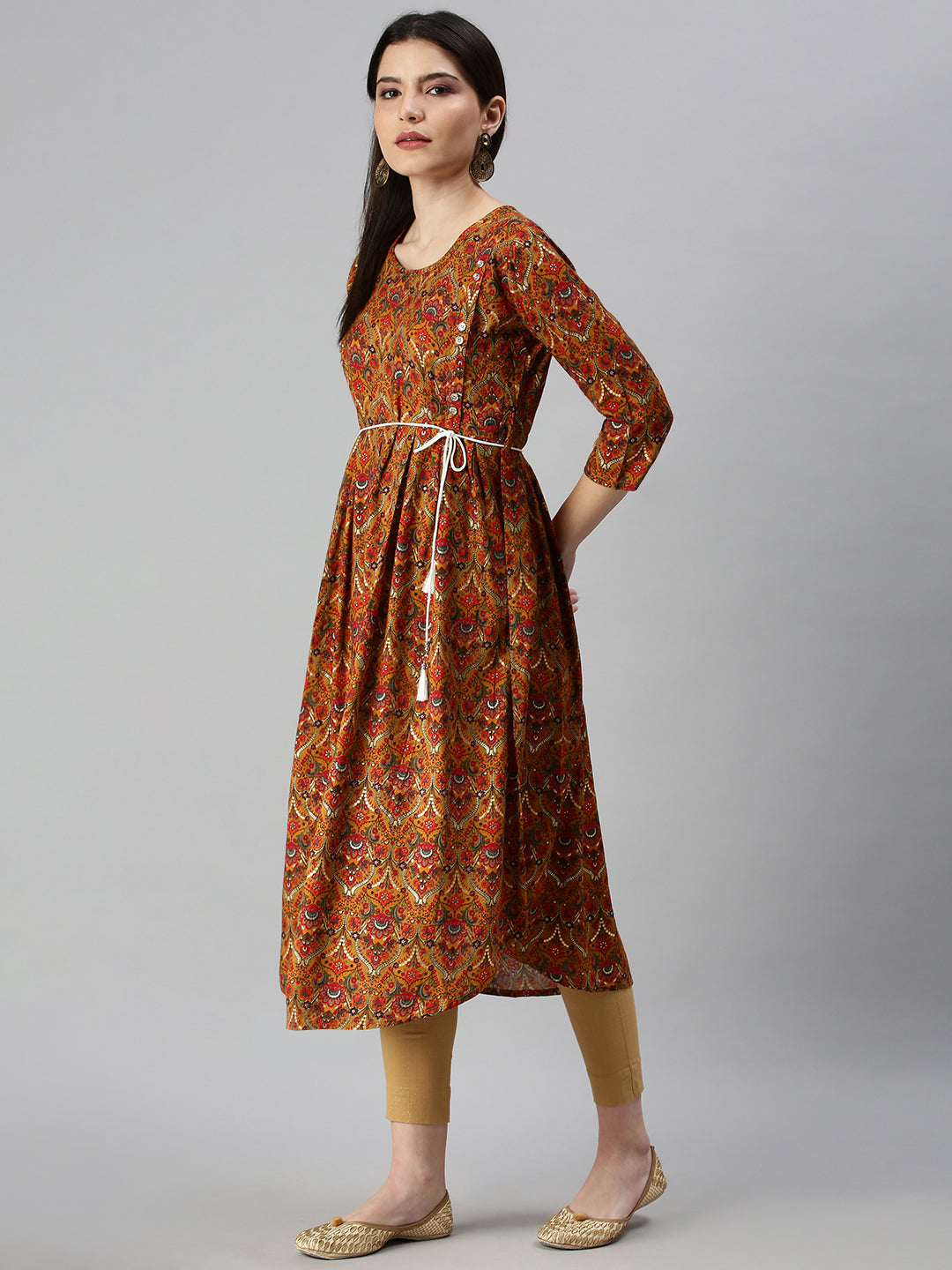 Women's Mustard Printed A-Line Kurta