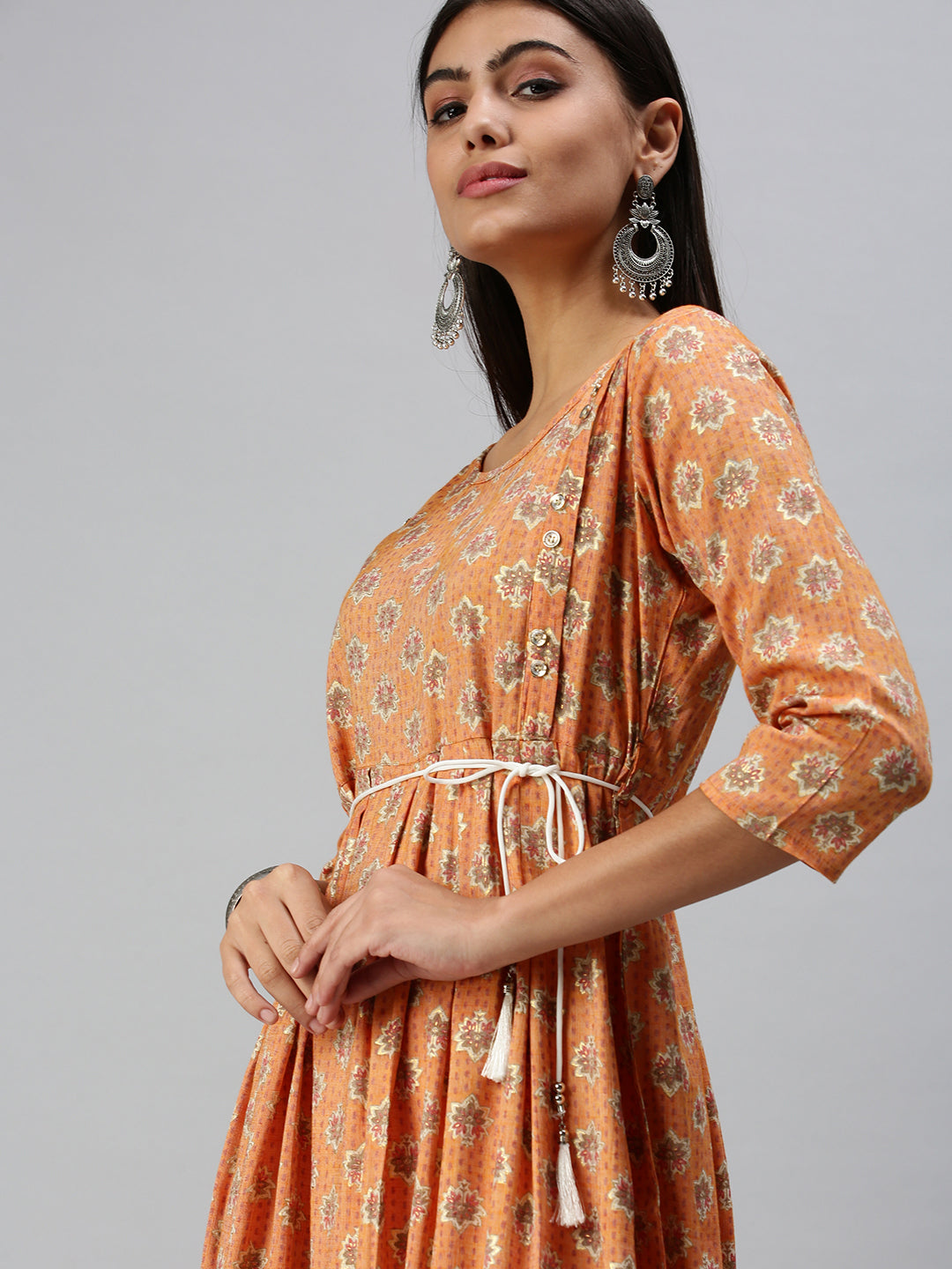 Women's Orange Ethnic Motifs Printed Cotton A-Line Kurta