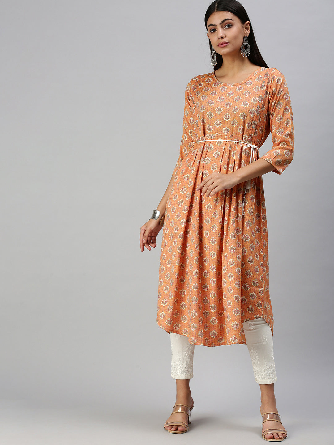 Women's Orange Ethnic Motifs Printed Cotton A-Line Kurta