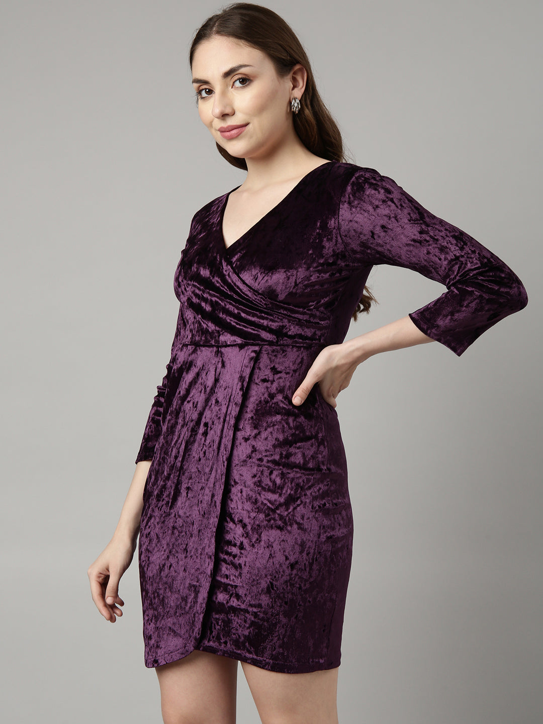 Women's Purple V-Neck Regular Sleeves Wrap Party Dress