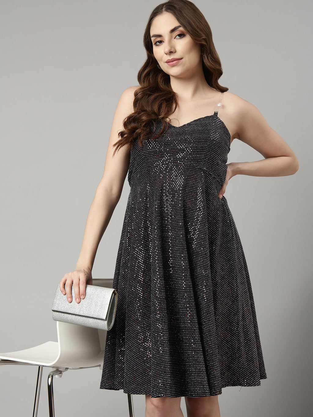 Women's Charcoal Embellished Shoulder Straps Fit and Flare Dress