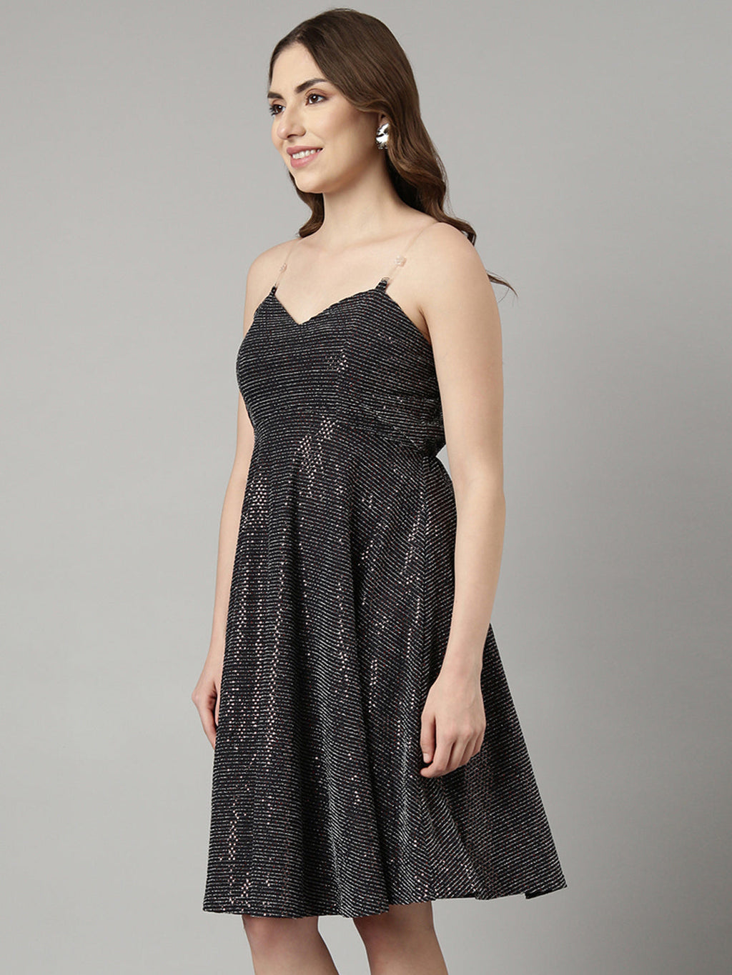 Women's Charcoal Embellished Shoulder Straps Fit and Flare Dress