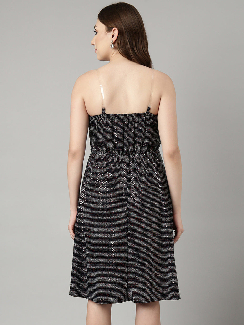 Women's Charcoal Embellished Shoulder Straps Fit and Flare Dress