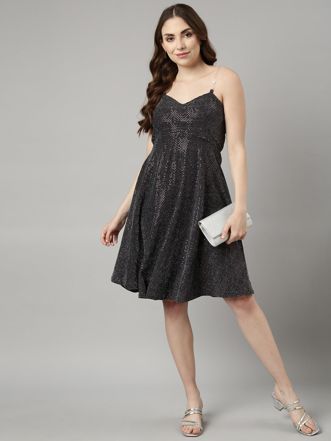 Women's Charcoal Embellished Shoulder Straps Fit and Flare Dress