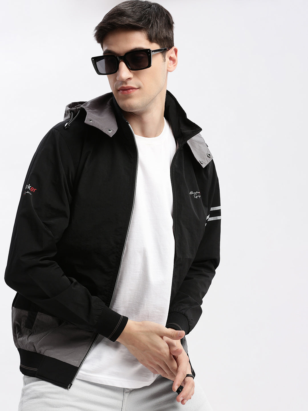 Men's Colourblocked Mock Collar Black Bomber Jacket Comes with Detachable Hoodie