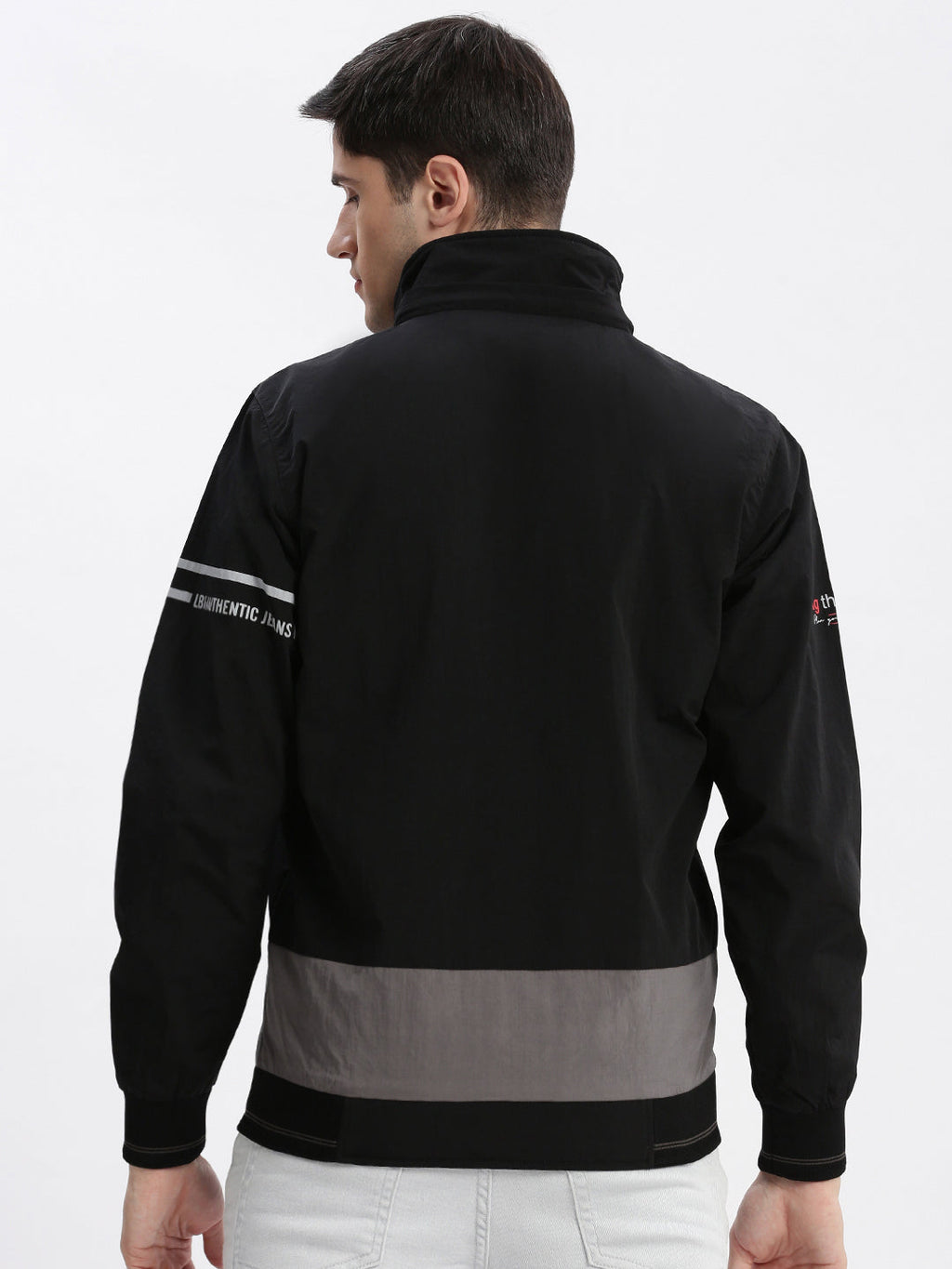 Men's Colourblocked Mock Collar Black Bomber Jacket Comes with Detachable Hoodie