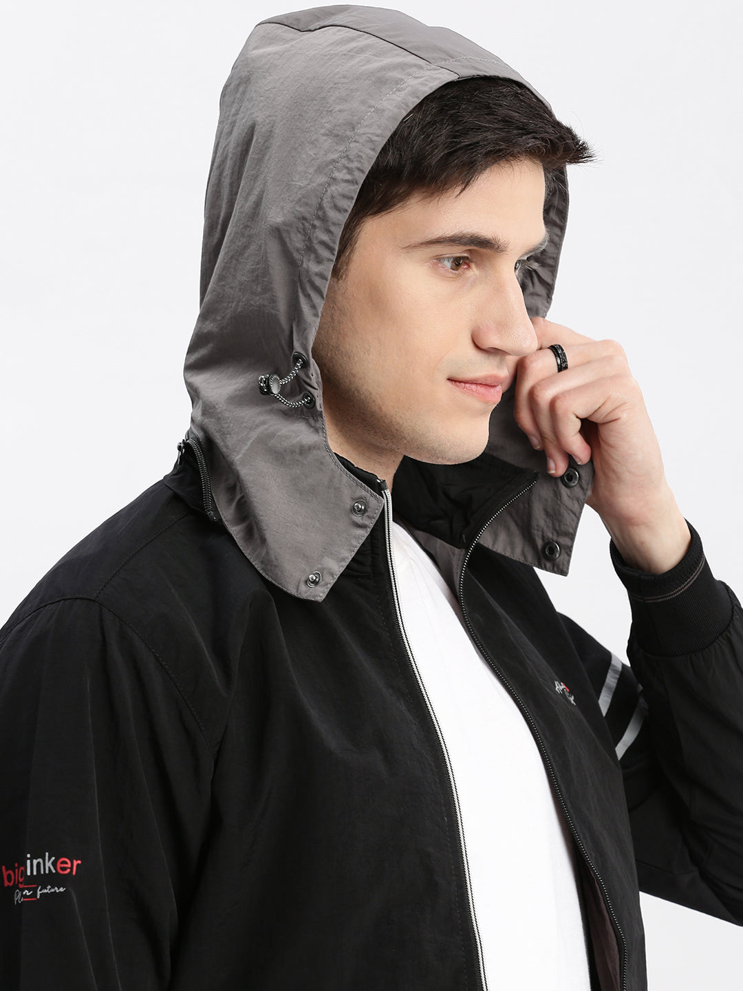 Men's Colourblocked Mock Collar Black Bomber Jacket Comes with Detachable Hoodie
