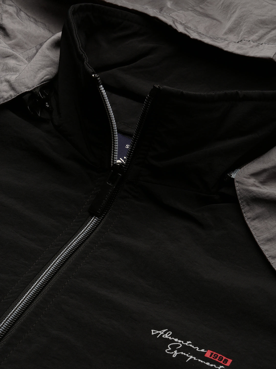 Men's Colourblocked Mock Collar Black Bomber Jacket Comes with Detachable Hoodie