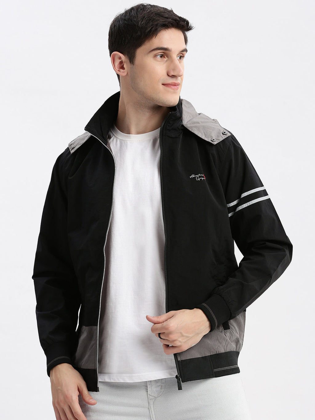 Men's Colourblocked Mock Collar Black Bomber Jacket Comes with Detachable Hoodie