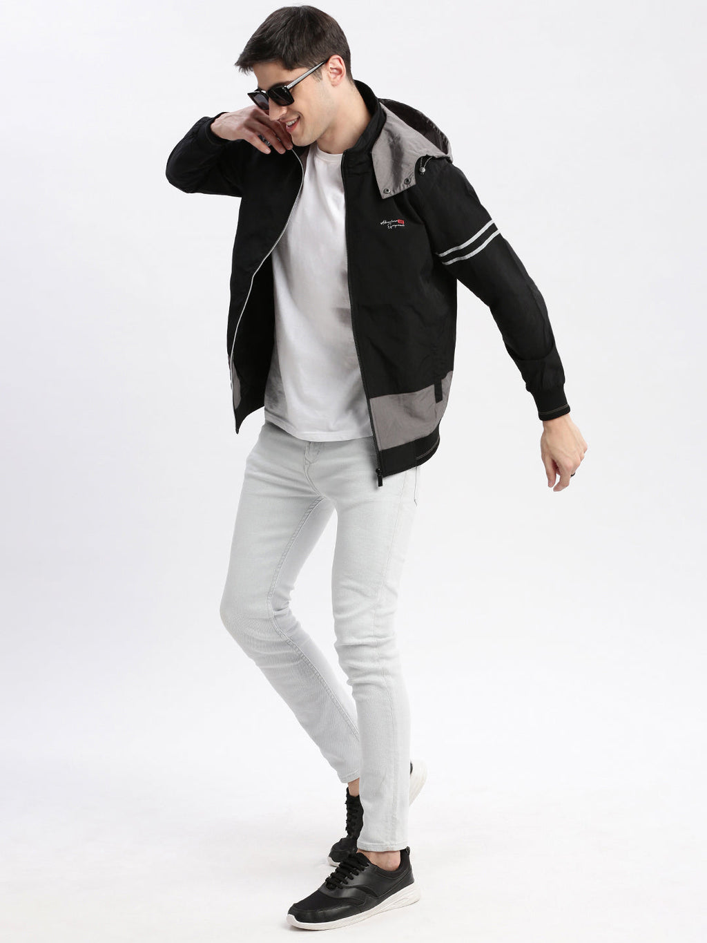 Men's Colourblocked Mock Collar Black Bomber Jacket Comes with Detachable Hoodie