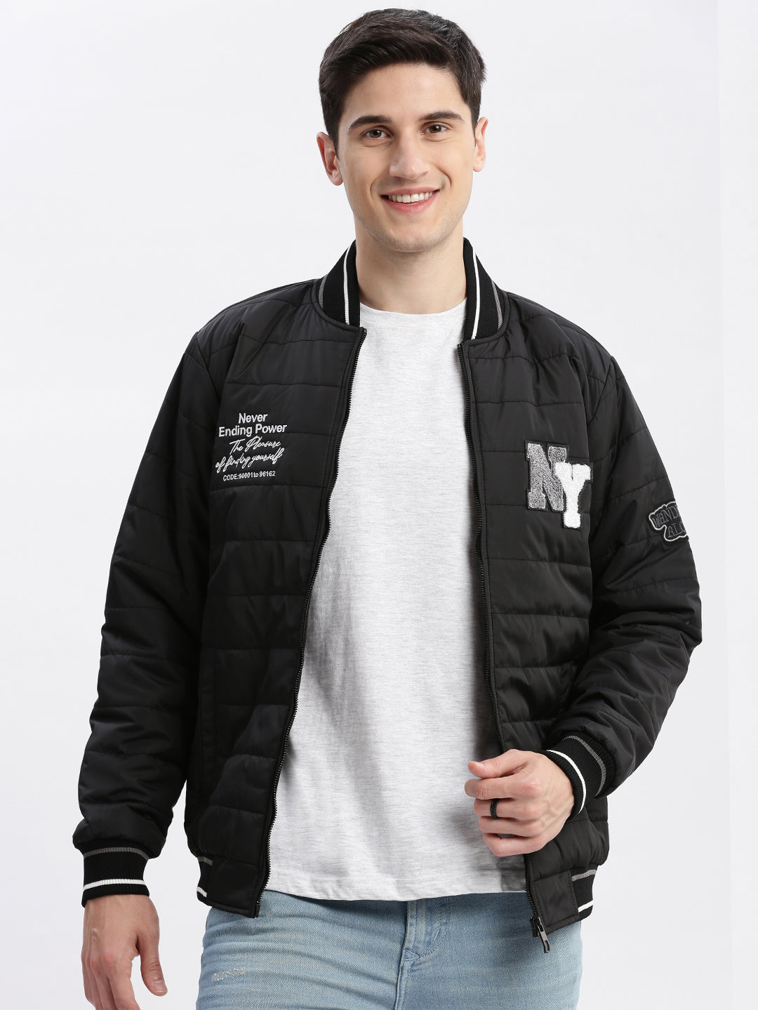 Men's Black Typography Printed Mandarin Collar Windcheater Rapid-Dry Slim fit Padded Jacket