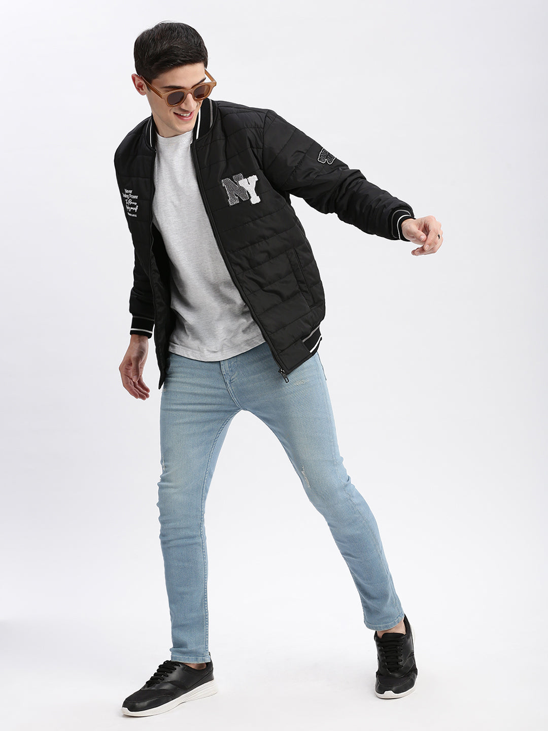 Men's Black Typography Printed Mandarin Collar Windcheater Rapid-Dry Slim fit Padded Jacket