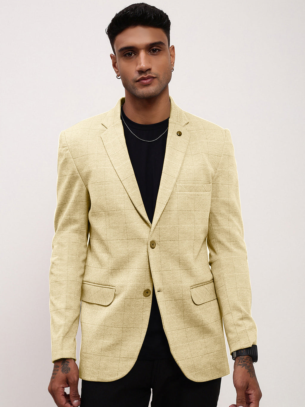 Men's Cream Checked Single Breasted Blazer