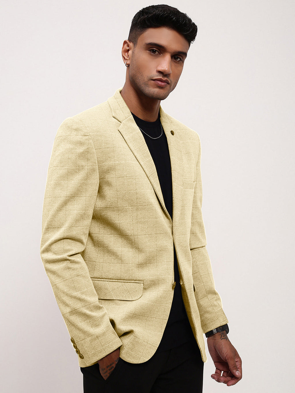 Men's Cream Checked Single Breasted Blazer
