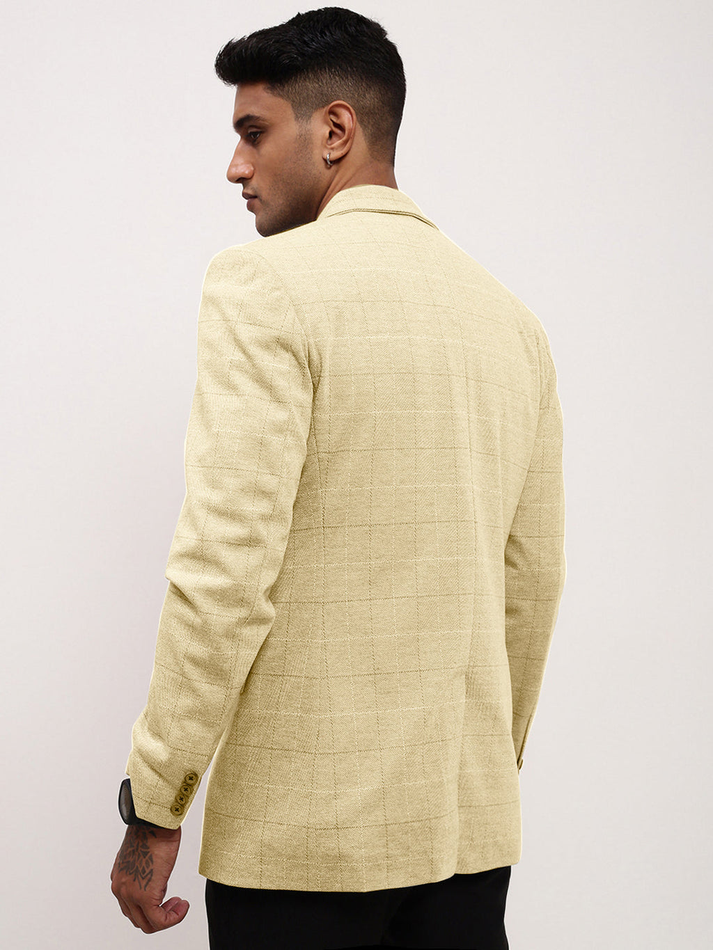 Men's Cream Checked Single Breasted Blazer