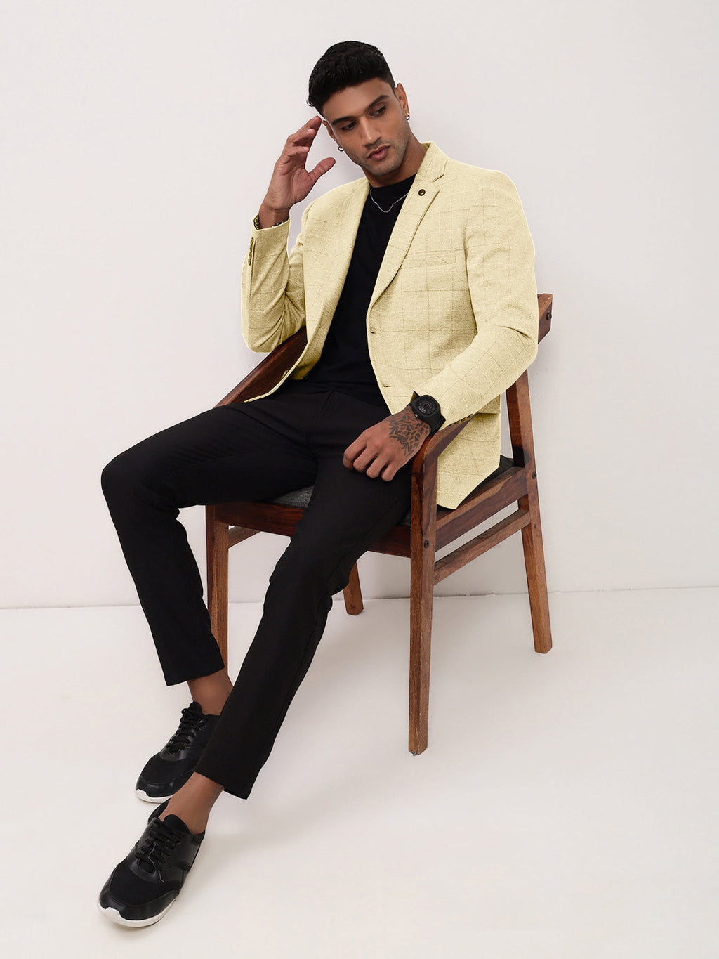 Men's Cream Checked Single Breasted Blazer