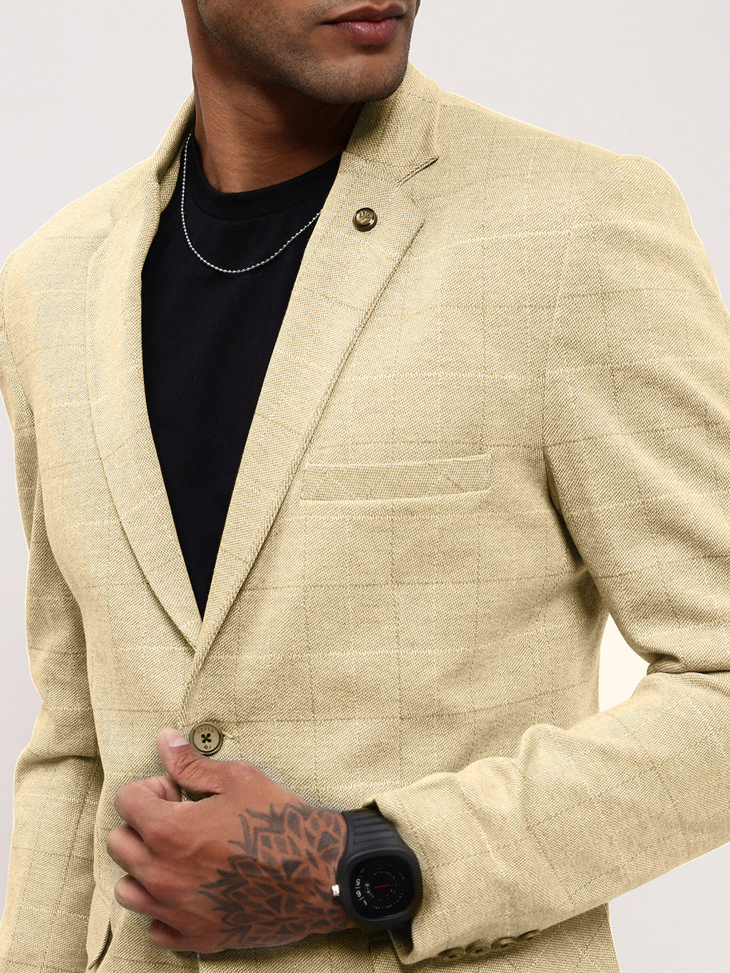 Men's Cream Checked Single Breasted Blazer