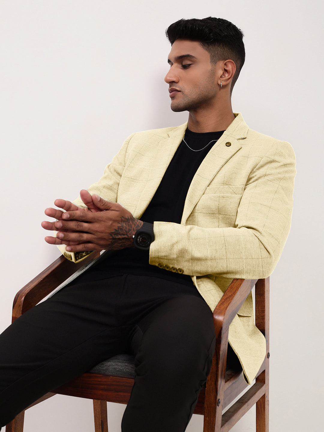 Men's Cream Checked Single Breasted Blazer